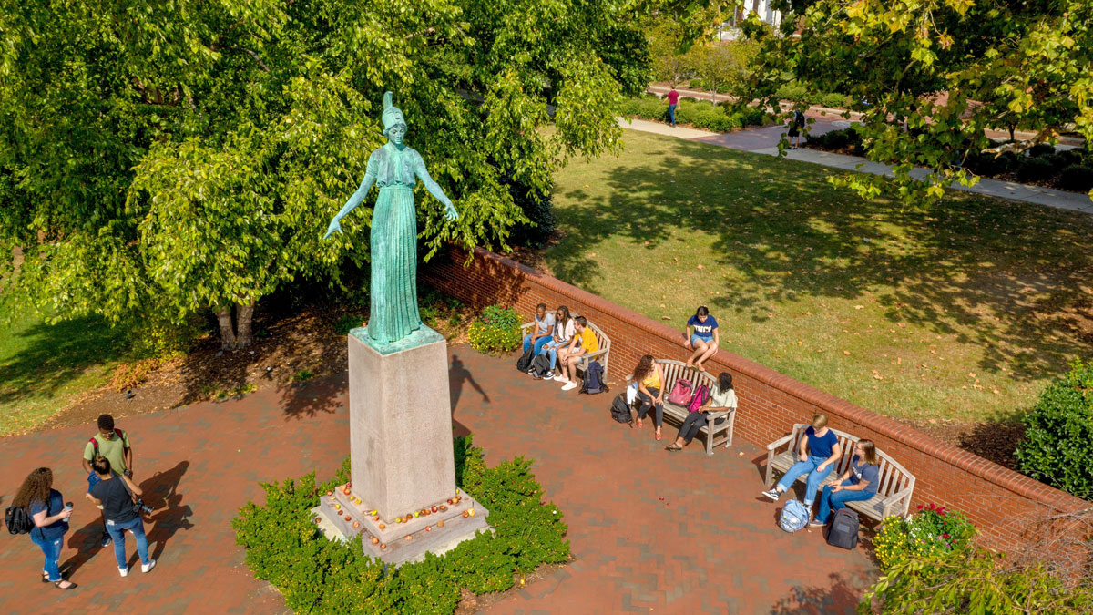 An Aerial view of UNCG’s iconic statue of Minerva, goddess of wisdom