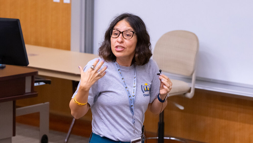 Dr. Gabriela Livas Stein speaks in a classroom.