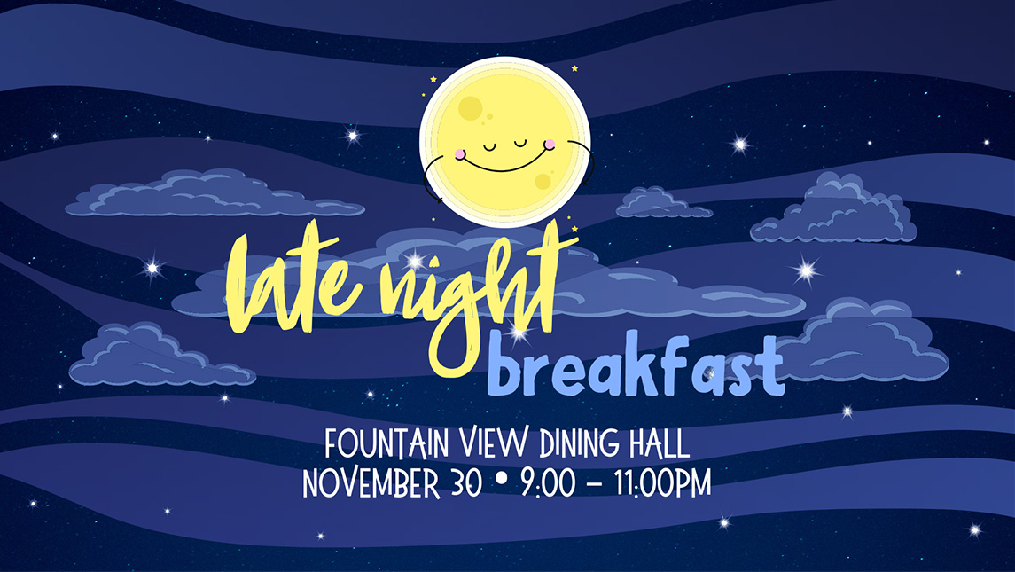 Late night breakfast logo against a night sky and a smiling cartoon moon.