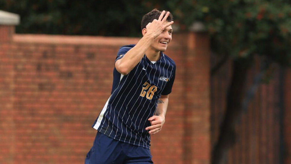 Spartan men's soccer forward Marco Afonso celebrates a goal against Furman in the 2022 semifinals.