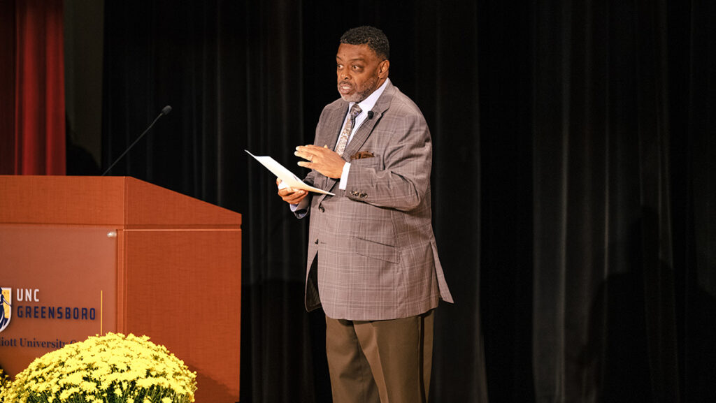 Chancellor Gilliam speaks from the Auditorium stage.