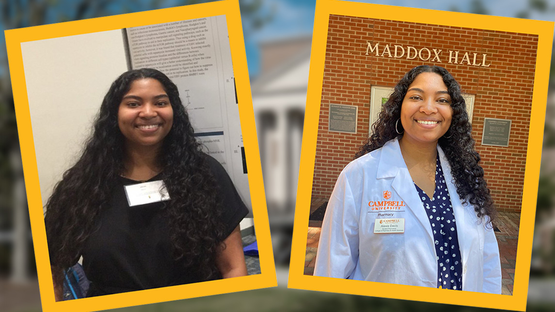 Side-by-side photos show Alexis Davis as an undergraduate student and as a graduate student.