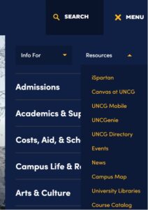 New UNCG website drop-down menu.