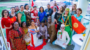 Faculty wear the dress of their national heritages for Fulbright TEA welcoming ceremony.