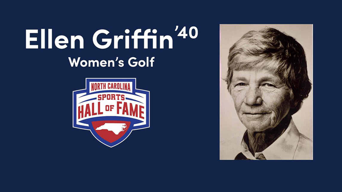 Photo of woman with blue background. The words Ellen Griffin '40 are displayed along with Women's Golf