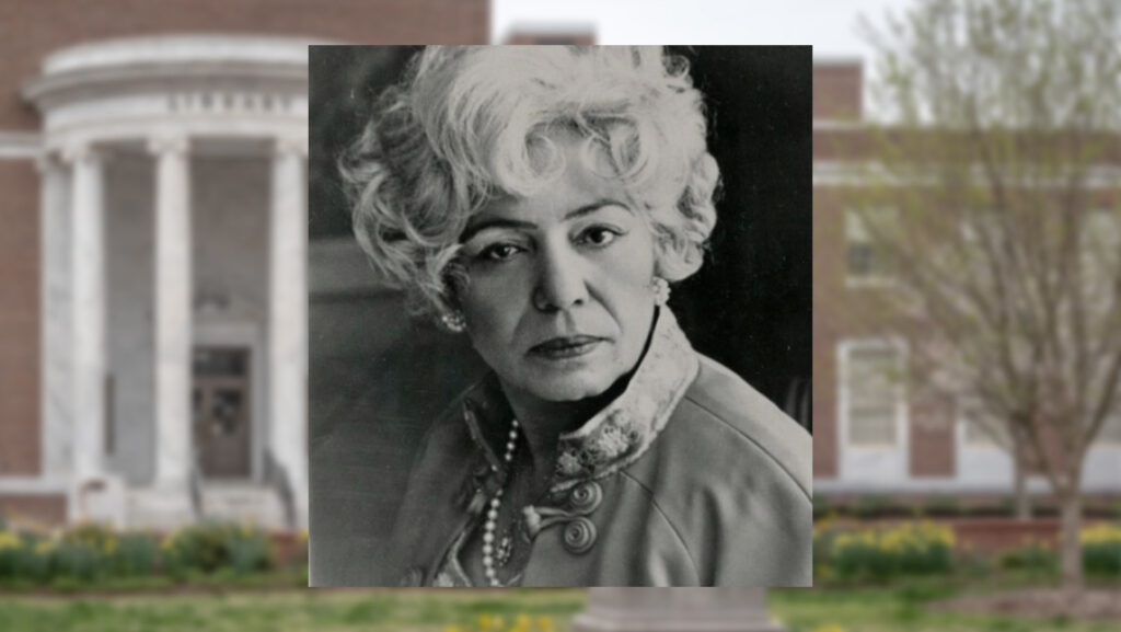 Black and white photo of Judge Elreta Melton Alexander in front of the UNCG library.