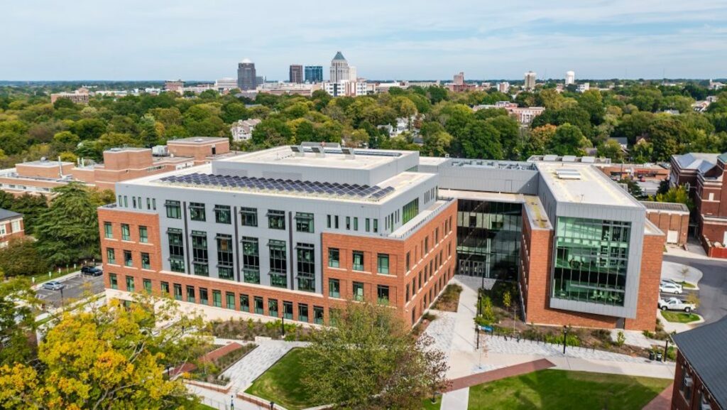 Aerial picture of Weatherspoon Building on UNCG campus.