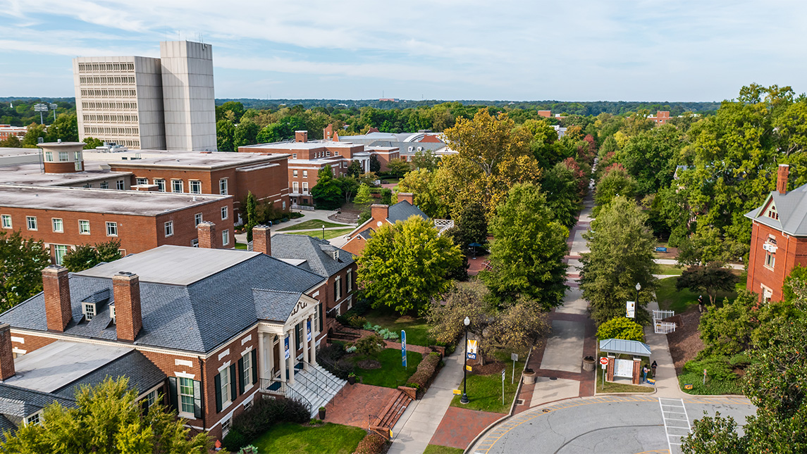 A drone shot provides an overview of campus.