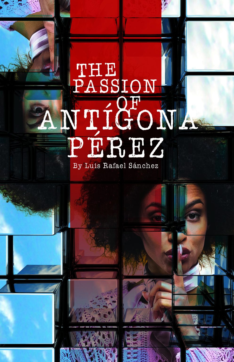The Passion of Antigone Perez program image of woman doing a shush motion with her finger on her lip