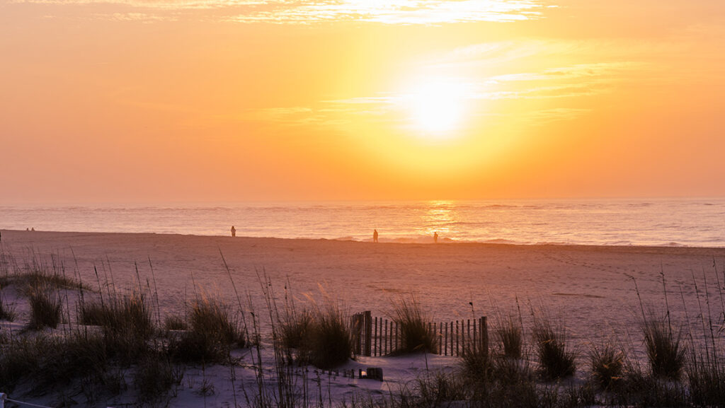 Sunrise on a quiet beach with dunes and seagrass in the foreground.