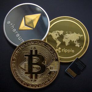 A Bitcoin, Ethereum, and Ripple coin.