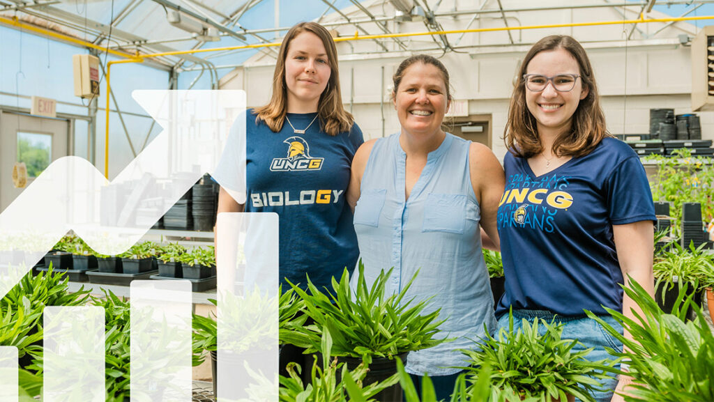Students pose among plants inside a greenhouse.