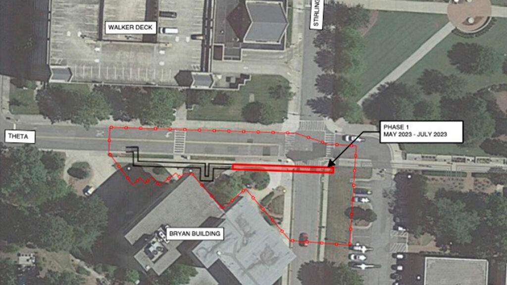 Map shows the construction zone for phase 1 of steam distribution replacement on Theta Street.