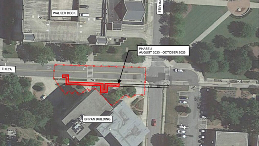 Map shows the construction zone for phase 2 of steam distribution replacement on Theta Street.