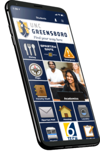 Photo of mobile phone showing home screen of UNCG Mobile.