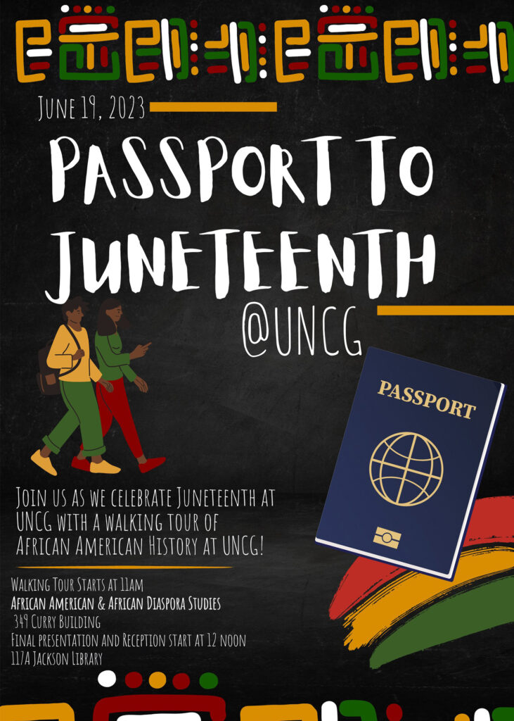 Graphic poster for "Passport to Juneteenth" event.