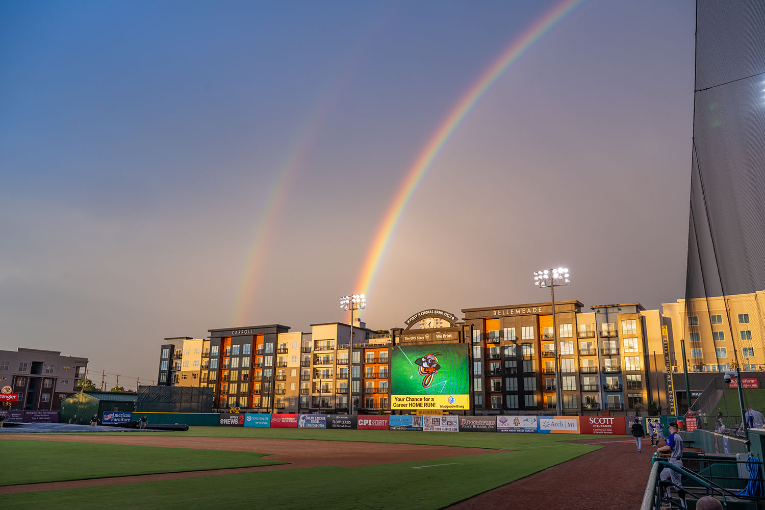 Greensboro Grasshoppers stadium shot with rainbow