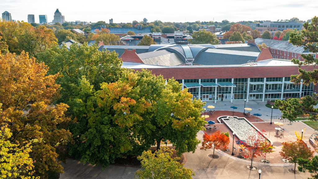 Drone overhead shot of UNCG campus.