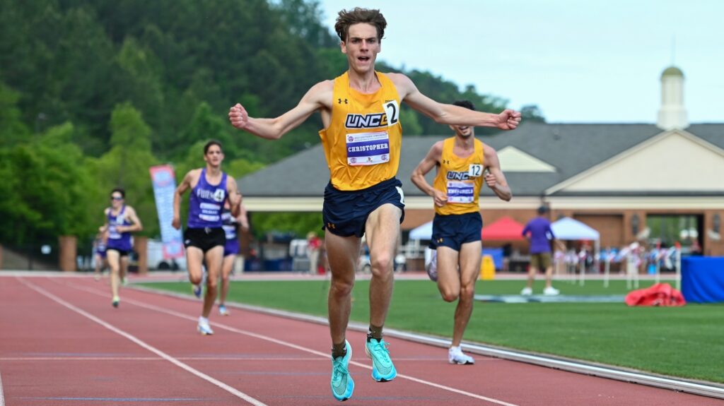 UNCG men's track and field athlete Dylan Christopher finishes a race.