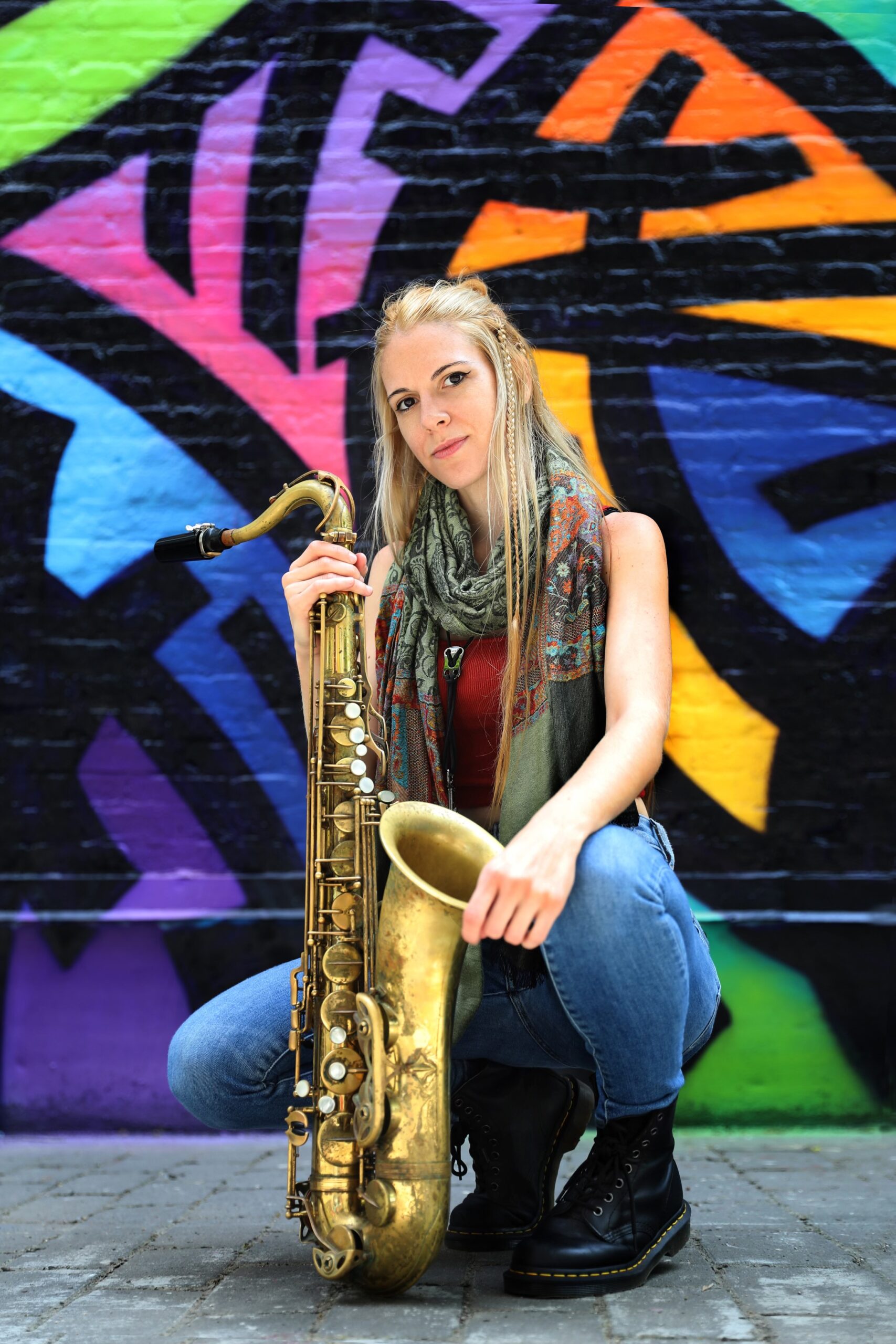 Julieta Eugenio with her saxophone