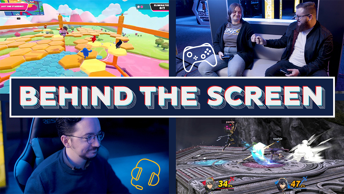 A split screen shows a UNCG student and faculty member play a video game together, with the screens of their respective gameplay.