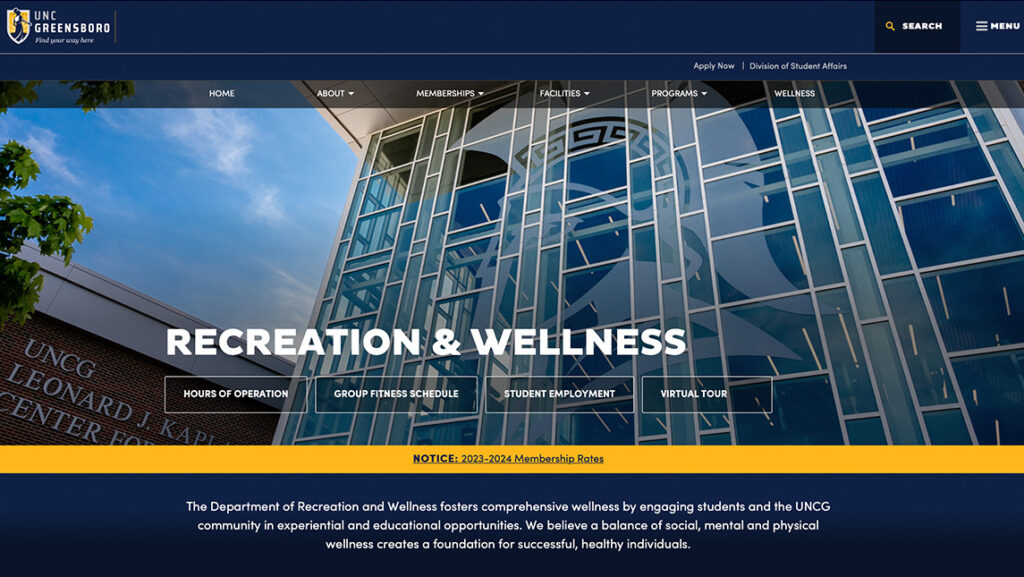 UNCG's Recreation and Wellness Center homepage shows a photo of the Kaplan Center.