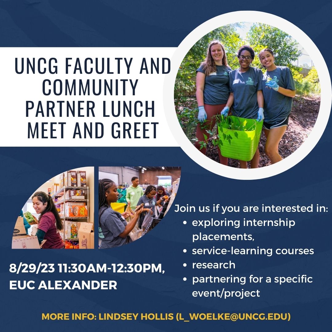 A poster of UNCG students gardening and collecting food.