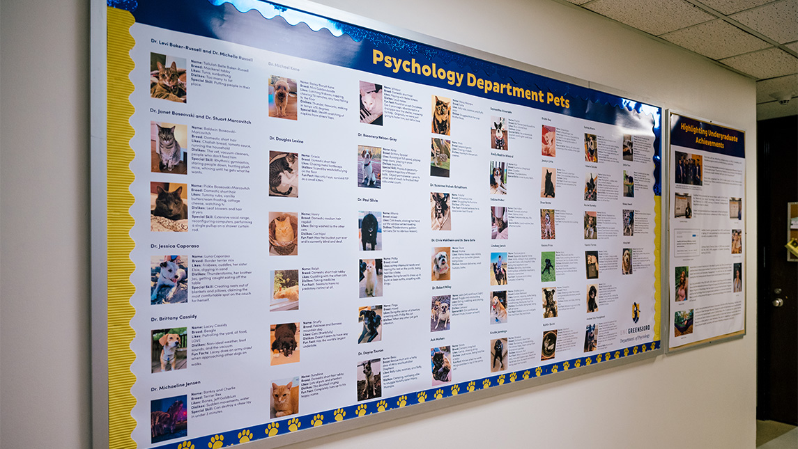 A poster full of pet pictures hangs on a wall at UNCG.