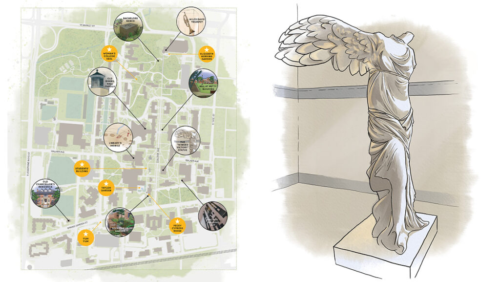 Illustrations of UNCG campus and a replica of the Winged Victory of Samothrace.