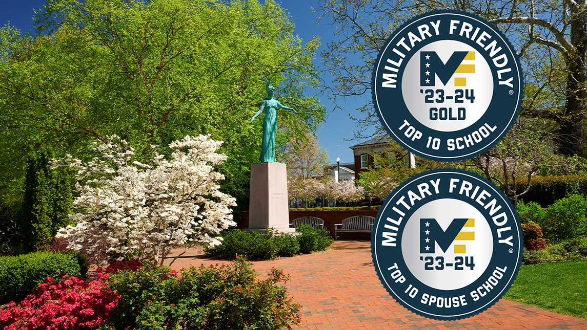 Minerva statue on UNCG campus with Military Friendly logos