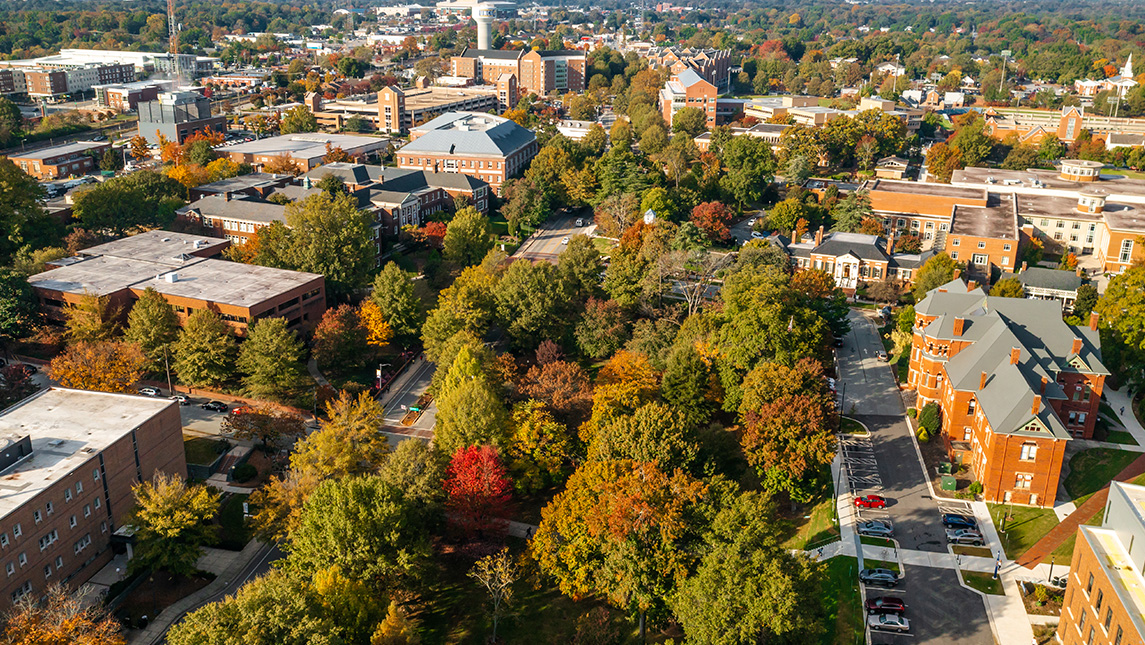 A drone photo overlooking the UNCG campus.