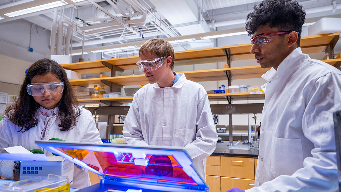 A professor shows two UNCG students a display in his lab.