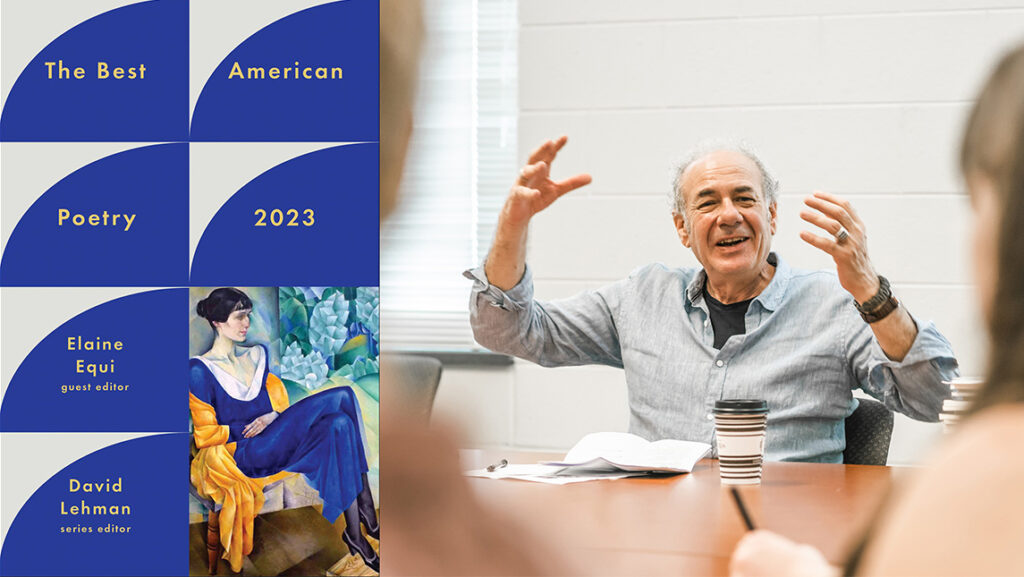 An image of a book cover next to a professor speaking to a group of students.