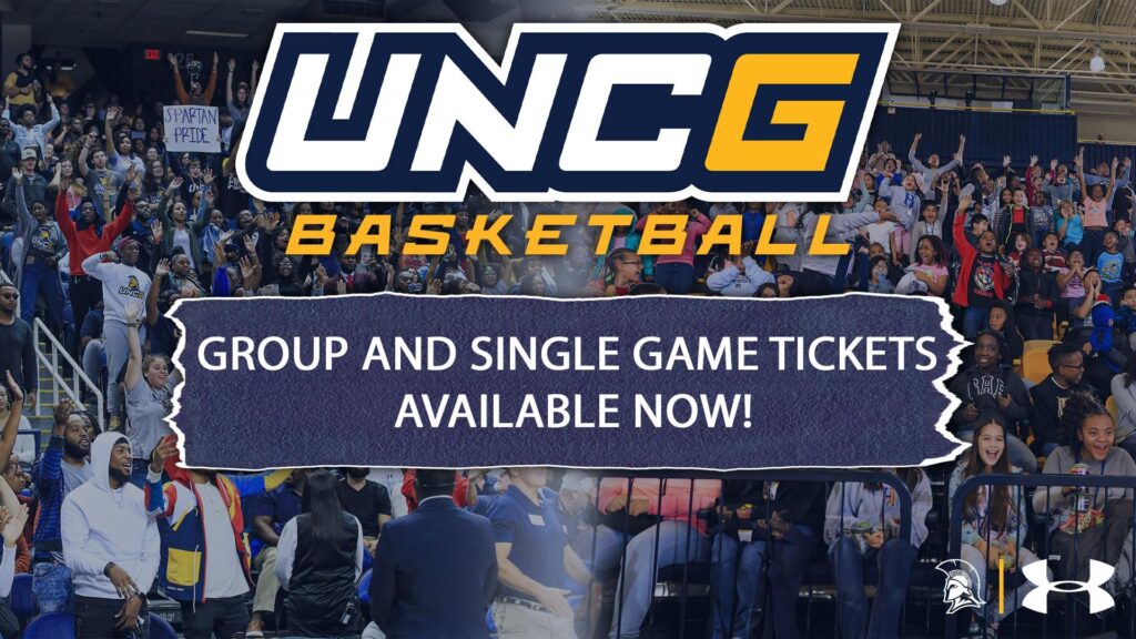 Graphic with crowd in background: "UNCG Basketball - Group and Single Game Tickets Available Now"