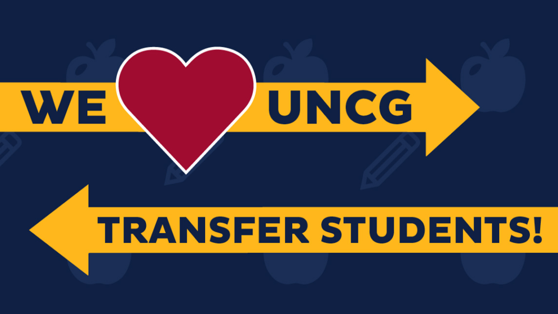 Blue graphic with arrows pointing left and right. Inside the arrows reads "We UNCG Transfer Students"
