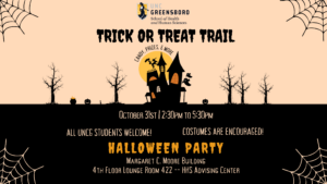 Poster advertising the UNCG HHS Trick or Treat trail.