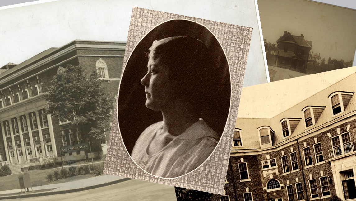 A collection of photographs show historic buildings around UNCG and a portrait of Mary Foust.
