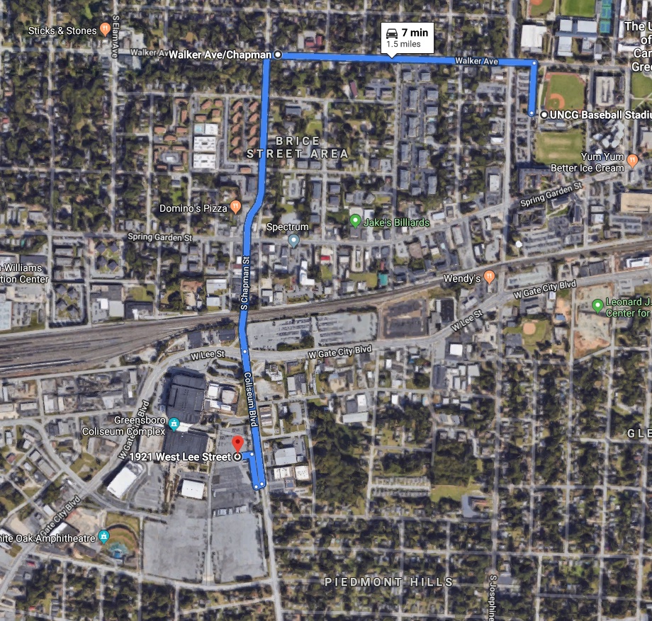 Google map showing "Storm the Streets" route from UNCG to Greensboro Coliseum.