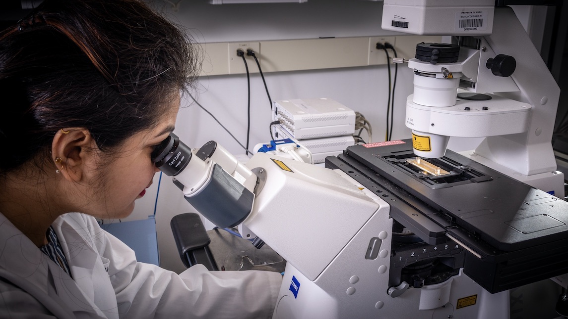 A JSNN student looks into a microscope in the lab.