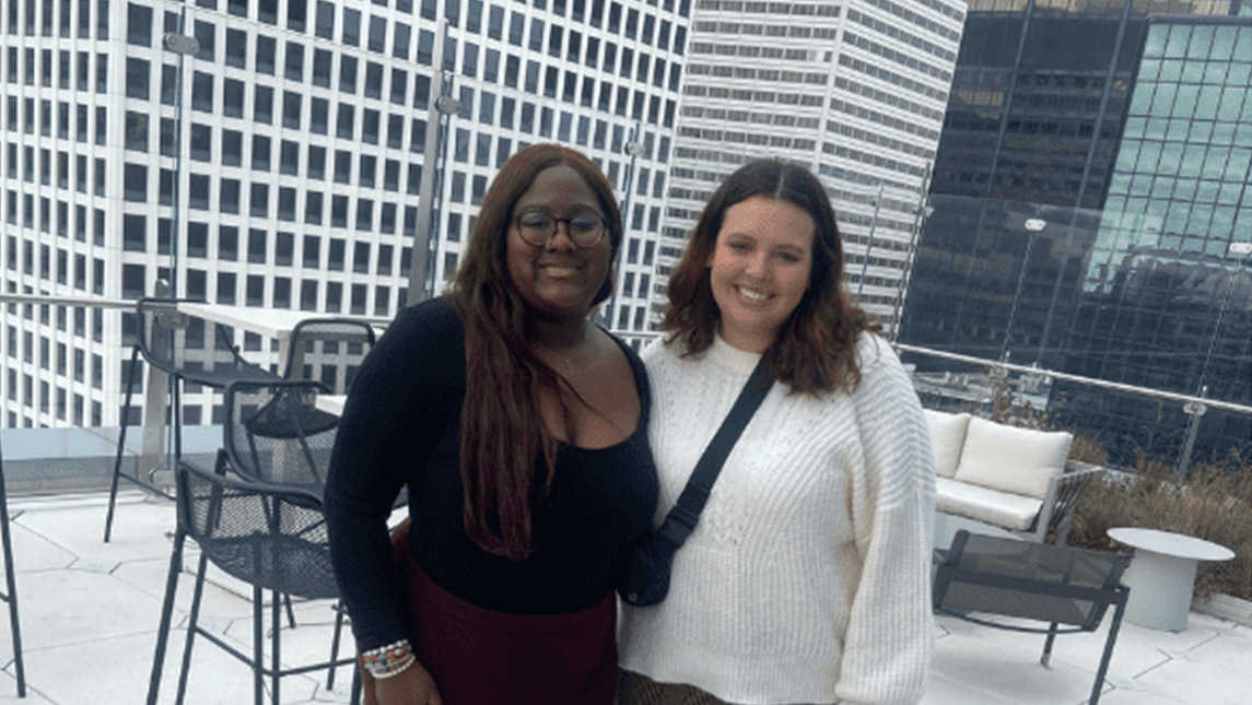 UNCG Bryan School students Hannah Bond and Azariah Hicks pose during their trip to Chicago.