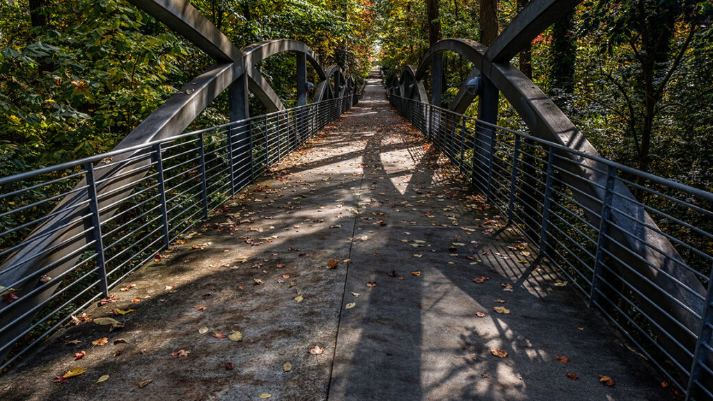 The bridge that passes through Peabody Park at UNCG.