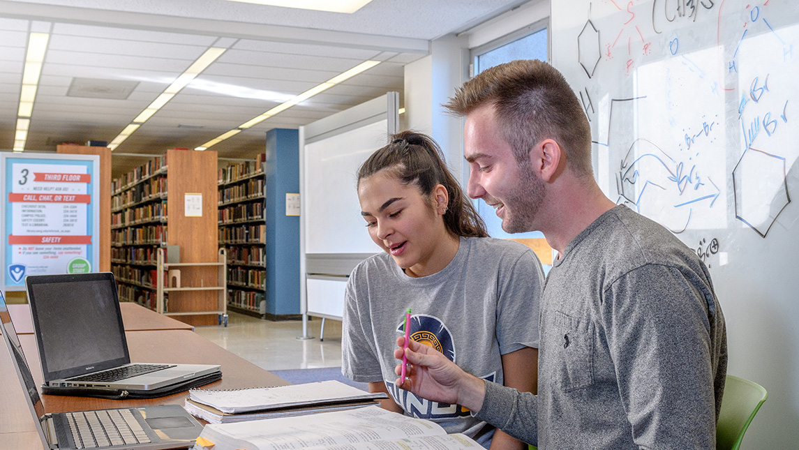 Two students review a textbook in the library.