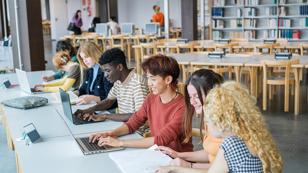 Students work on computers in library