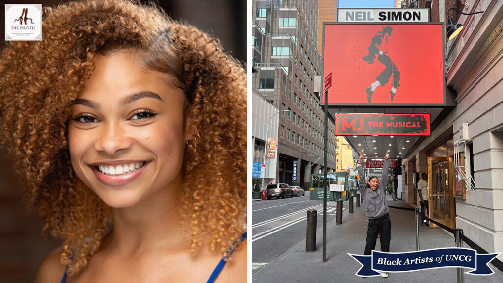 Dasia Amos smiling on left. One right, Dasia Amos holding her hands up below the MJ The Musical marquee.