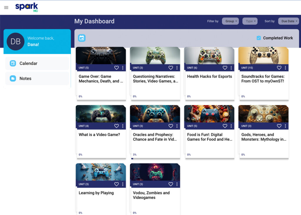 Screenshot of a desktop with SparkLab dashboard featuring video game controller icons and unit names.