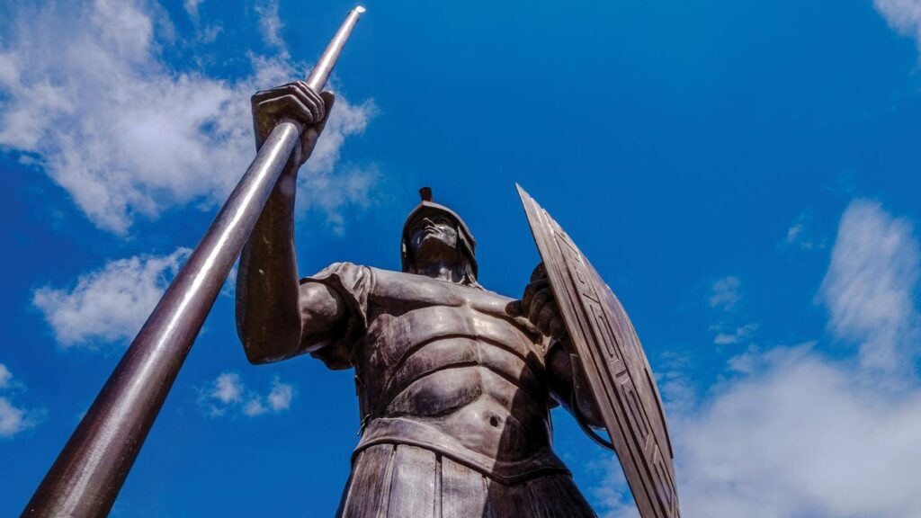 Spartan statue viewed from below