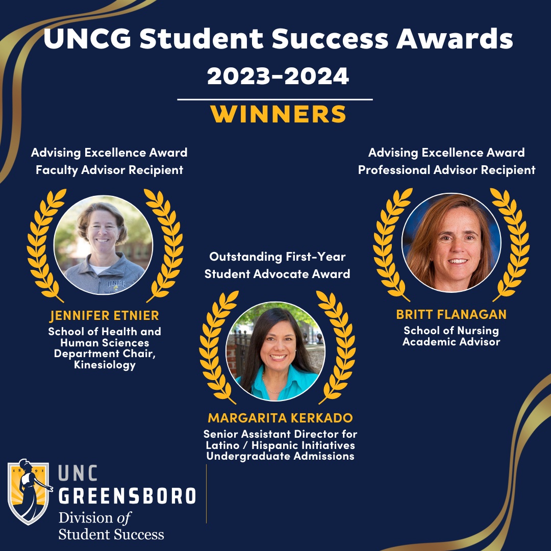 Headshots of UNCG Student Success winners Jennifer Etnier, Britt Flanagan, and Margarita Kerkadodo.