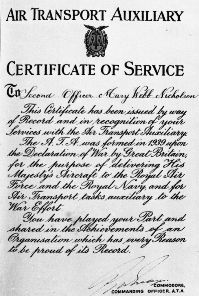 Certificate of Service given to Mary Webb Nicholson.