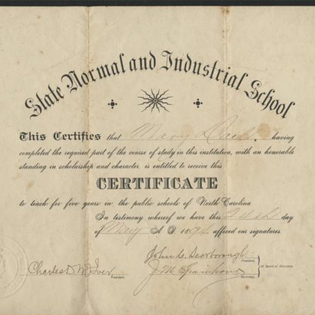 Teaching certificate for Mary Dail for State Normal and Industrial School.