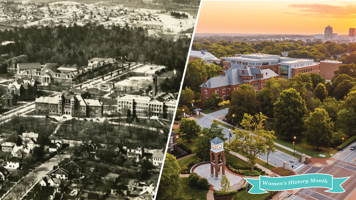 Two photos side by side of the UNCG campus. On the left is an aerial view from 1927 and on the right is a view from the 2010s.